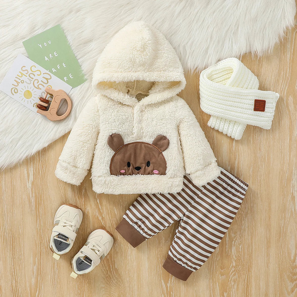 Baby Boy Winter Plush Hooded Coat & Striped Pants Set – 2PC Outfit for Newborn to 6M