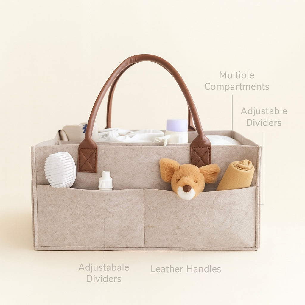 Large Baby Felt Nursery Organizer Caddy – Diaper Bag with Handle & Storage Pockets