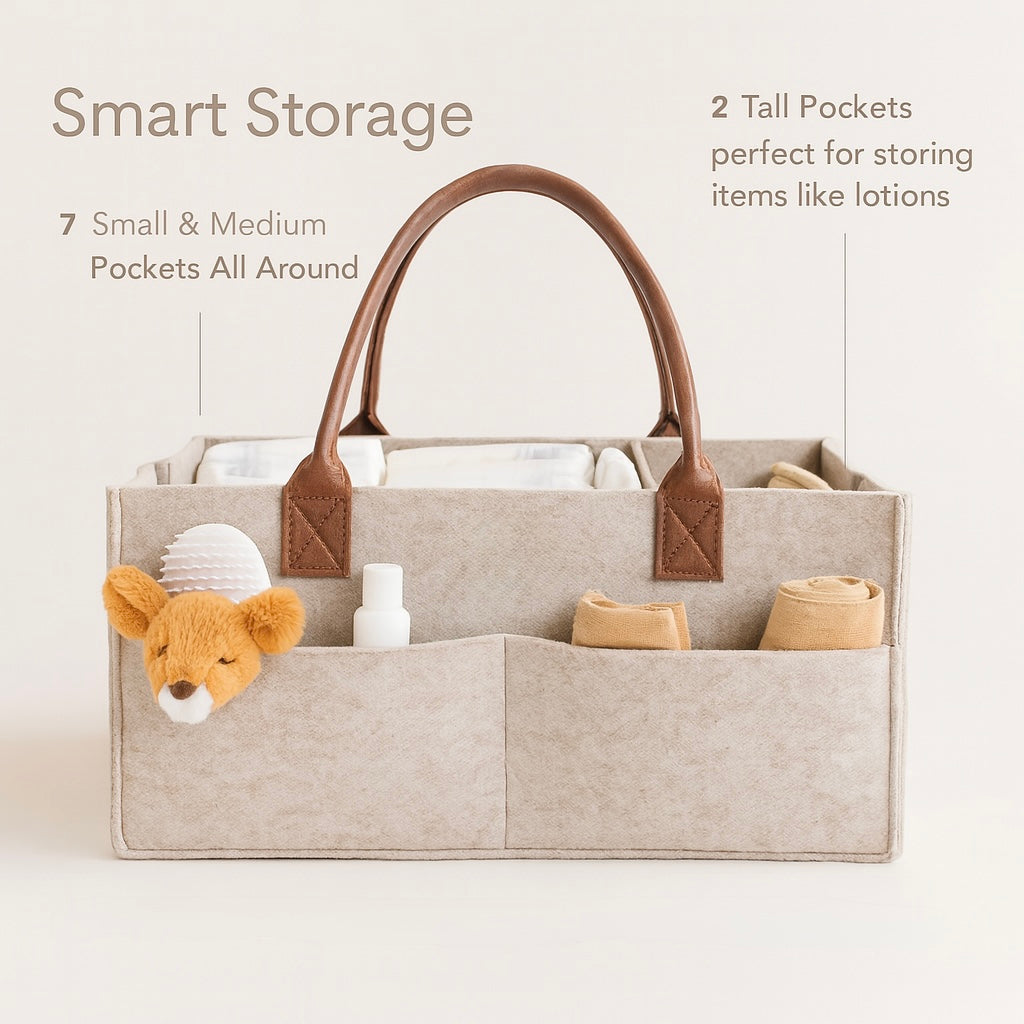 Large Baby Felt Nursery Organizer Caddy – Diaper Bag with Handle & Storage Pockets