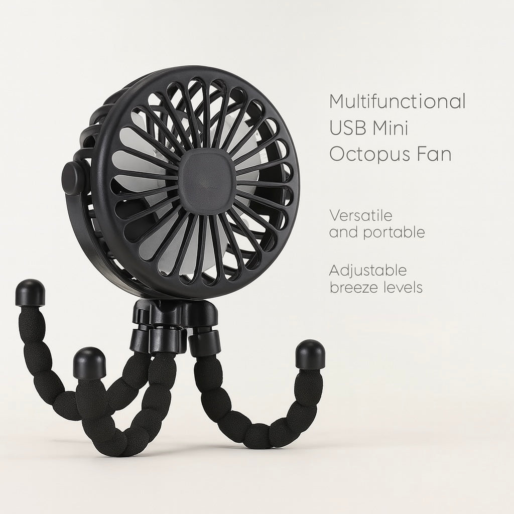 Multifunctional USB Mini Octopus Fan with Phone Holder – Portable Stroller & Travel Cooling Fan for Kids