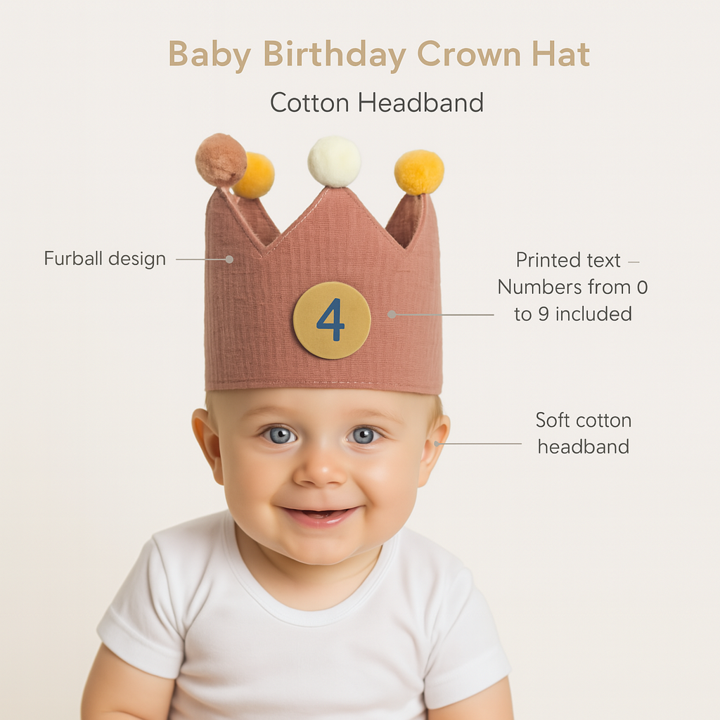 Baby Birthday Crown Hat – Cotton Headband for Kids Aged 0–9 Years