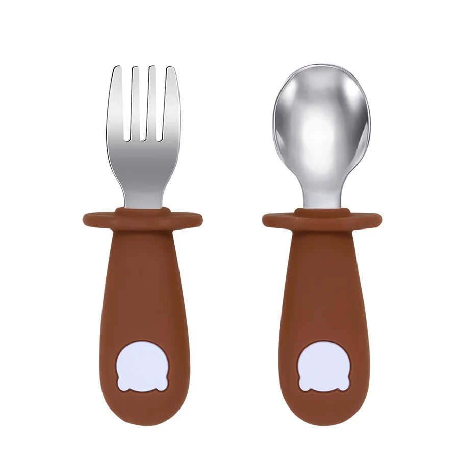 Cartoon Bear Baby Spoon and Fork Set – BPA-Free Silicone & Stainless Steel Utensils for Weaning