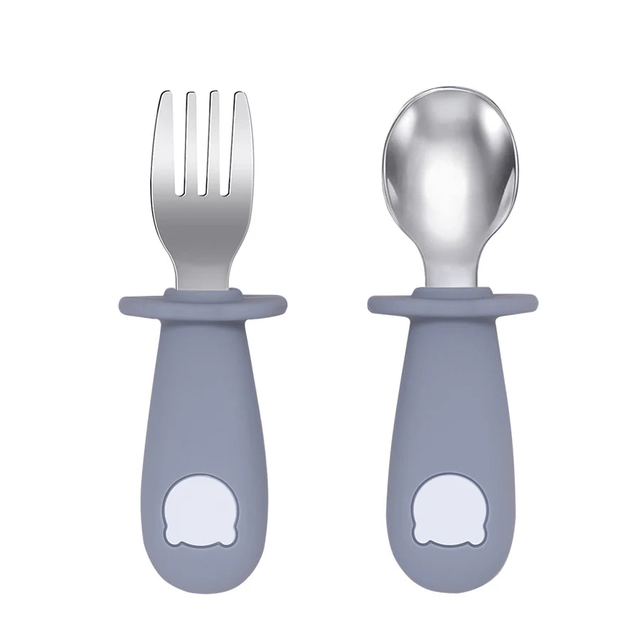 Cartoon Bear Baby Spoon and Fork Set – BPA-Free Silicone & Stainless Steel Utensils for Weaning