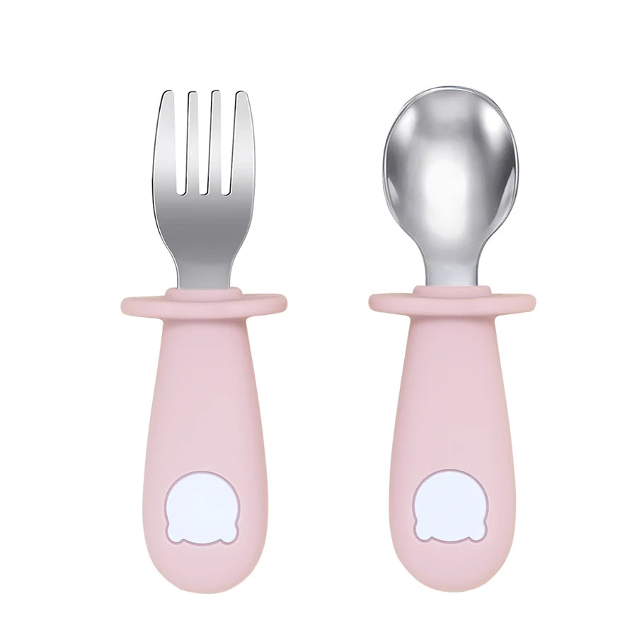 Cartoon Bear Baby Spoon and Fork Set – BPA-Free Silicone & Stainless Steel Utensils for Weaning