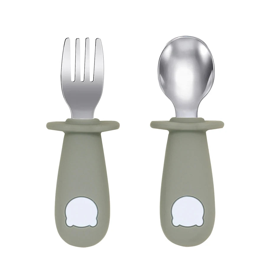 Cartoon Bear Baby Spoon and Fork Set – BPA-Free Silicone & Stainless Steel Utensils for Weaning