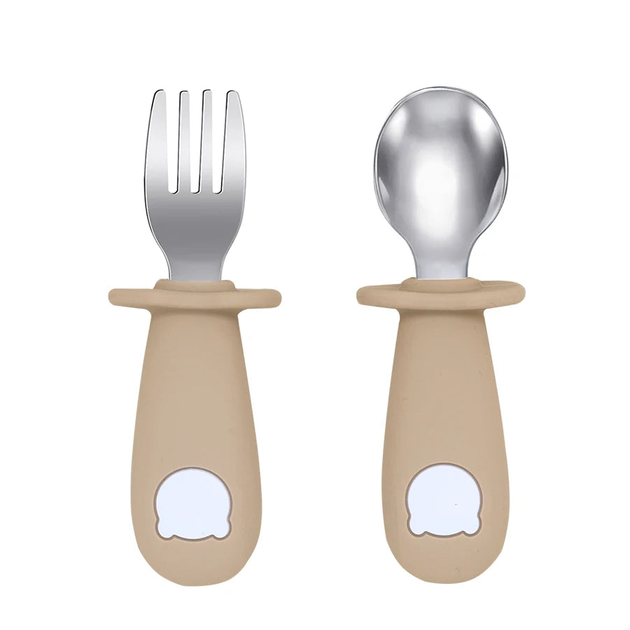Cartoon Bear Baby Spoon and Fork Set – BPA-Free Silicone & Stainless Steel Utensils for Weaning