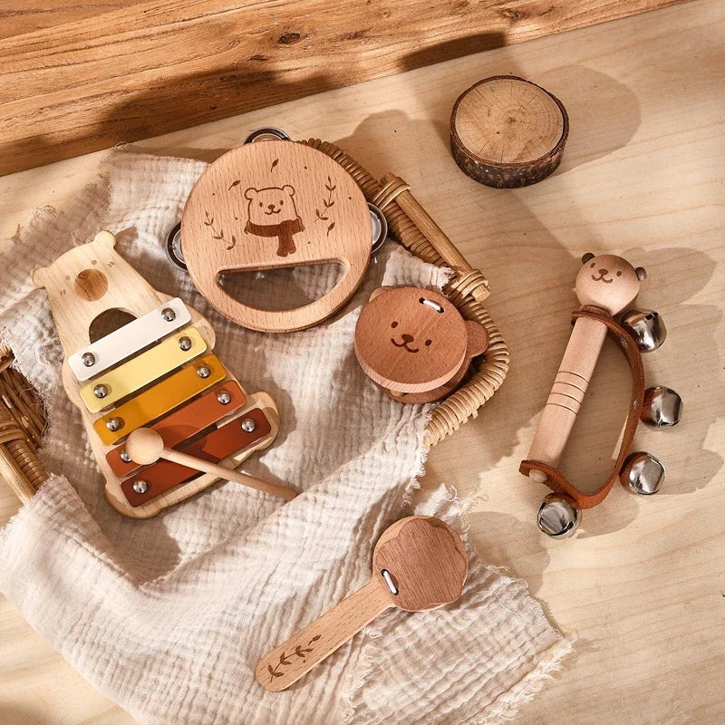 Montessori Musical Instruments Toy Set – Wooden Rattle, Drum, and Xylophone for Babies and Toddlers