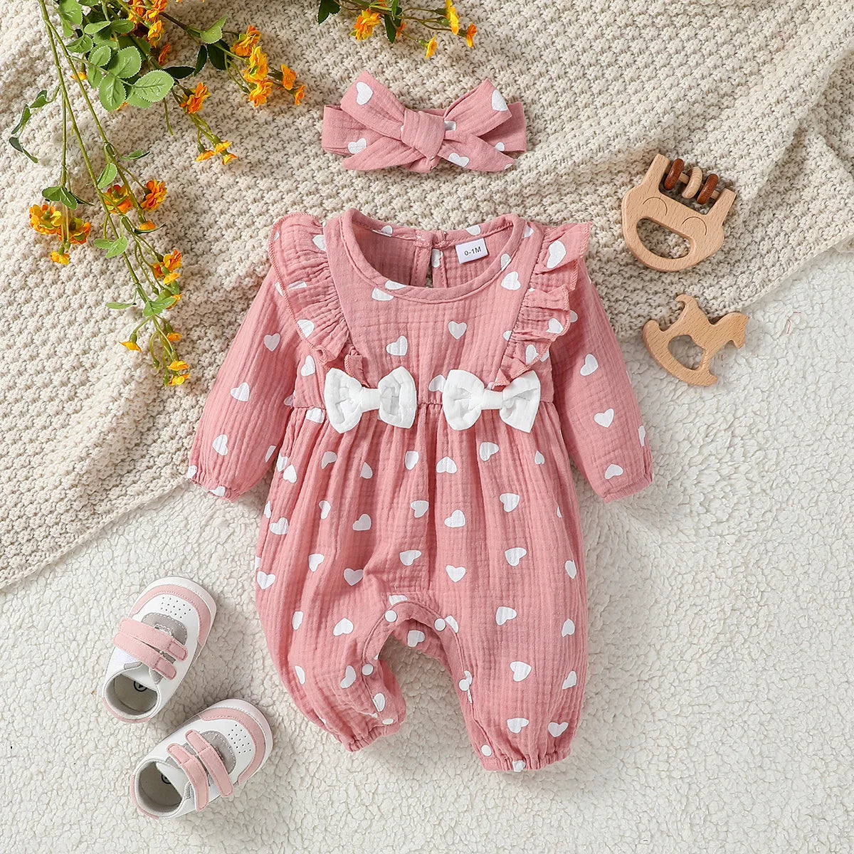 Floral Cotton Baby Jumpsuit with Bow and Headband – Long Sleeve All-Season Outfit for Girls
