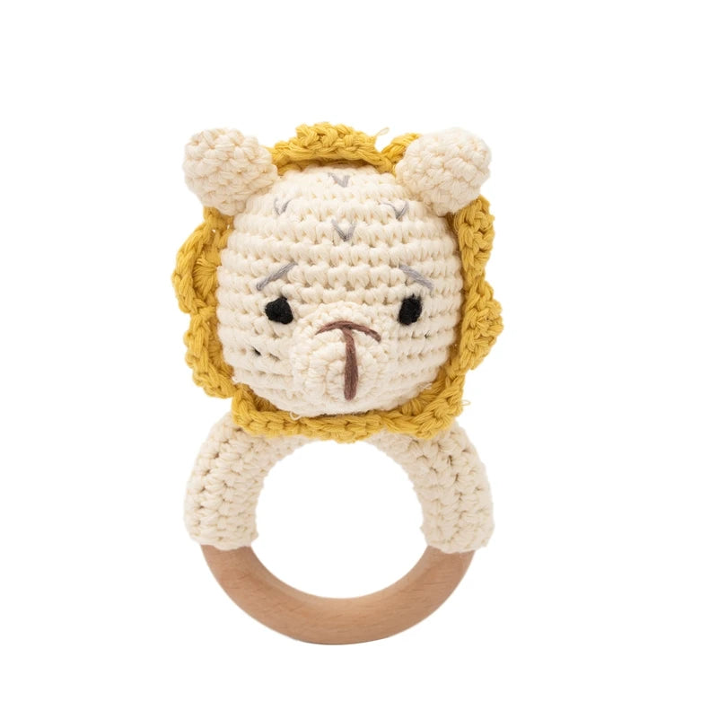 Baby Rattle – Crochet Animal Bear with Wooden Teether Ring | Soft Montessori Pram Toy for Newborns