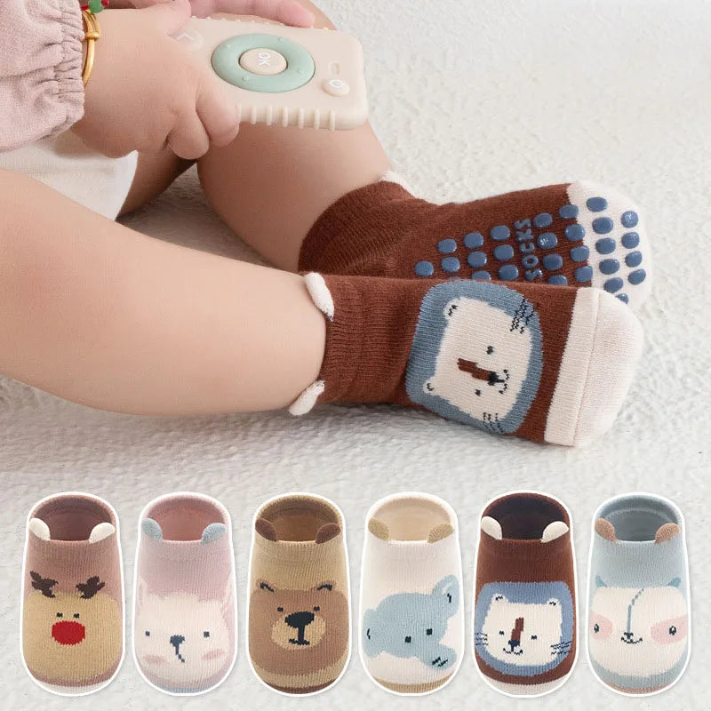 6 Pairs Cartoon Animal Baby Socks – Non-Slip Breathable Cotton Floor Socks for Boys & Girls 0–6Y