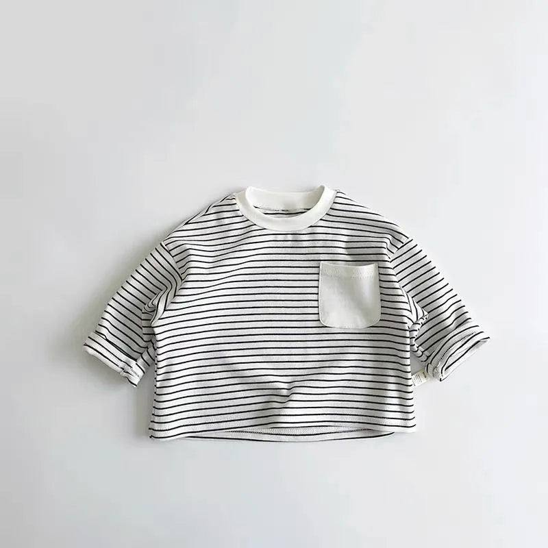 Child Long Sleeve T-Shirt – Korean Style Loose Fit Striped Crewneck for Boys & Girls