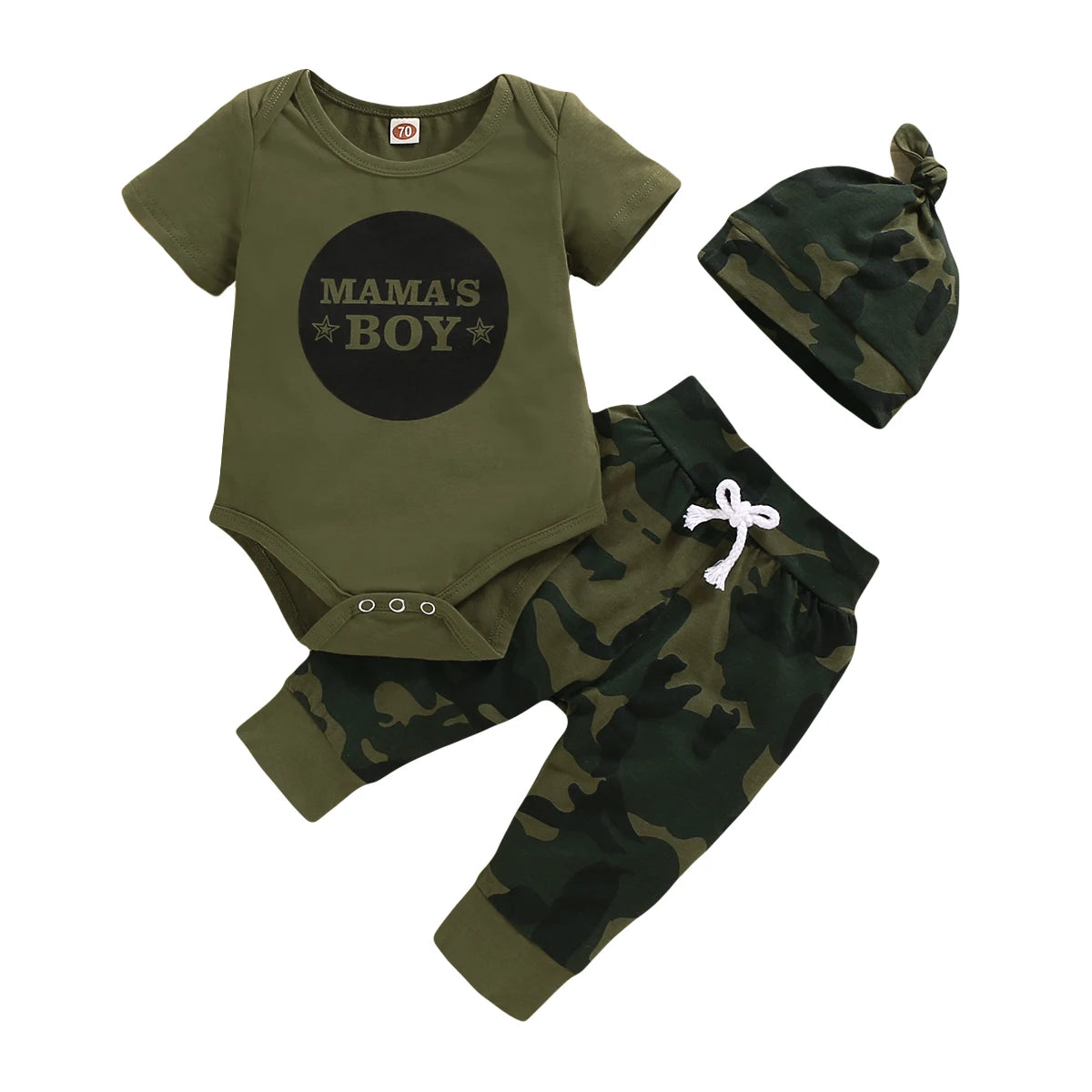 Baby Boy Summer Outfit Set – Letter Bodysuit + Camouflage Pants + Hat (0–18 Months)