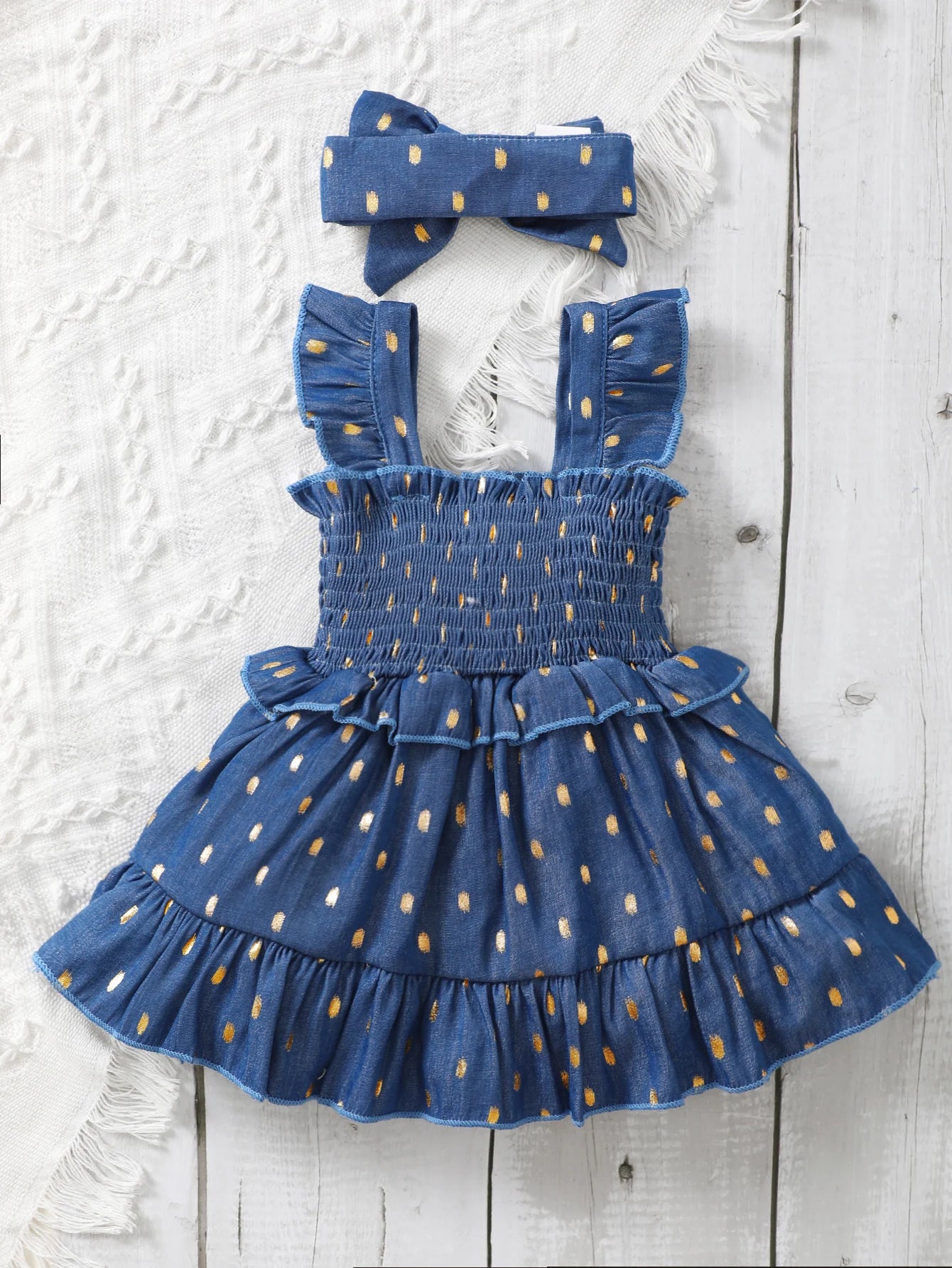 Baby Girl Blue Dress with Golden Dots & Headband – 2PCS Summer Party Outfit (3–24M)