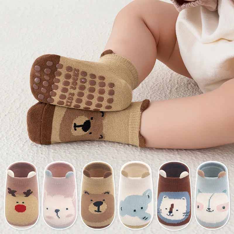 6 Pairs Cartoon Animal Baby Socks – Non-Slip Breathable Cotton Floor Socks for Boys & Girls 0–6Y