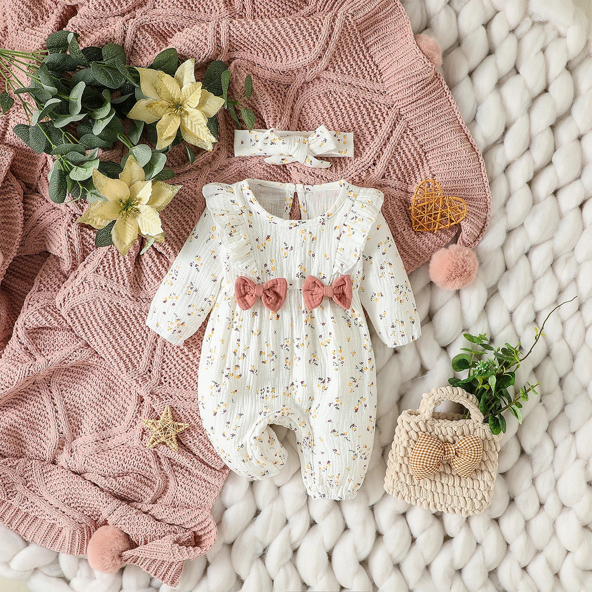 Floral Cotton Baby Jumpsuit with Bow and Headband – Long Sleeve All-Season Outfit for Girls