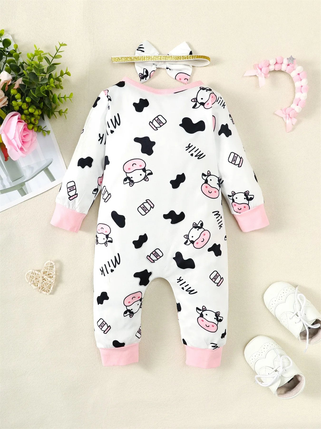 2PCS Cow Print Baby Girl Romper with Headband – 0–18 Months