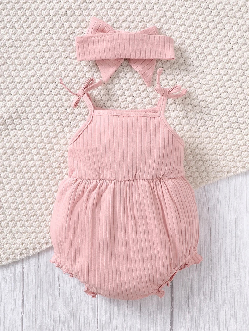 2PCS Pink Suspender Baby Girl Romper Set with Headband (0–9 Months)