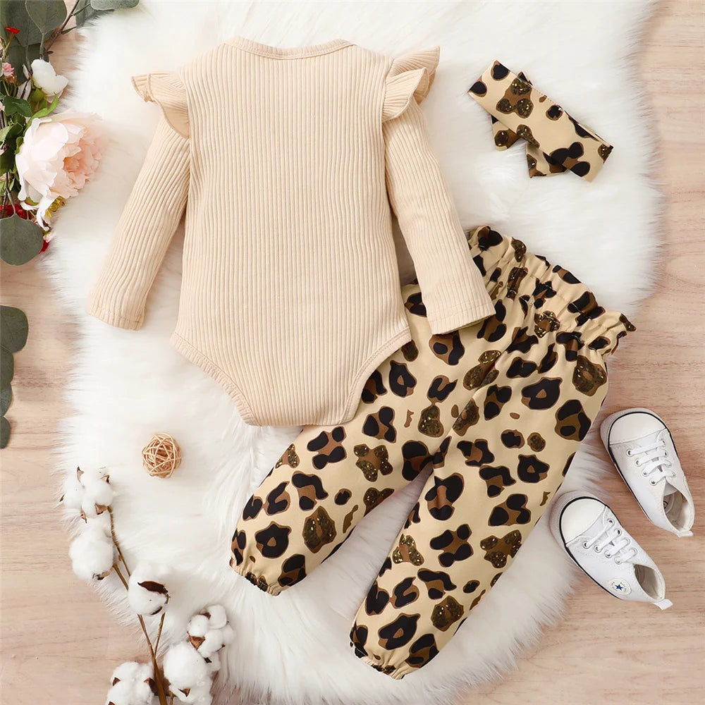 3PCS Baby Girl Autumn Outfit with Bodysuit, Leopard Pants and Headband 0–18 Months