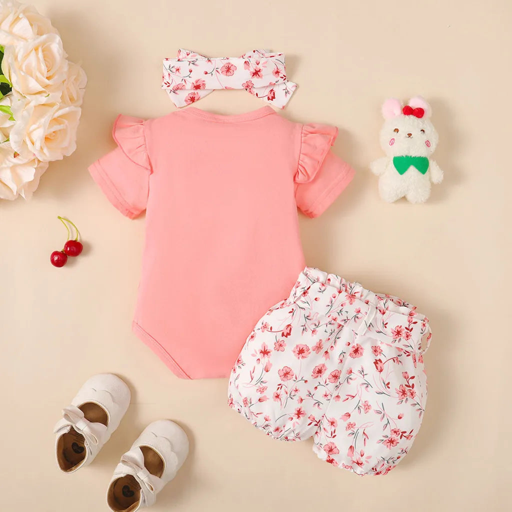3PCS Baby Girl Summer Outfit – Rabbit Bodysuit, Floral Shorts & Headband (0–18 Months)