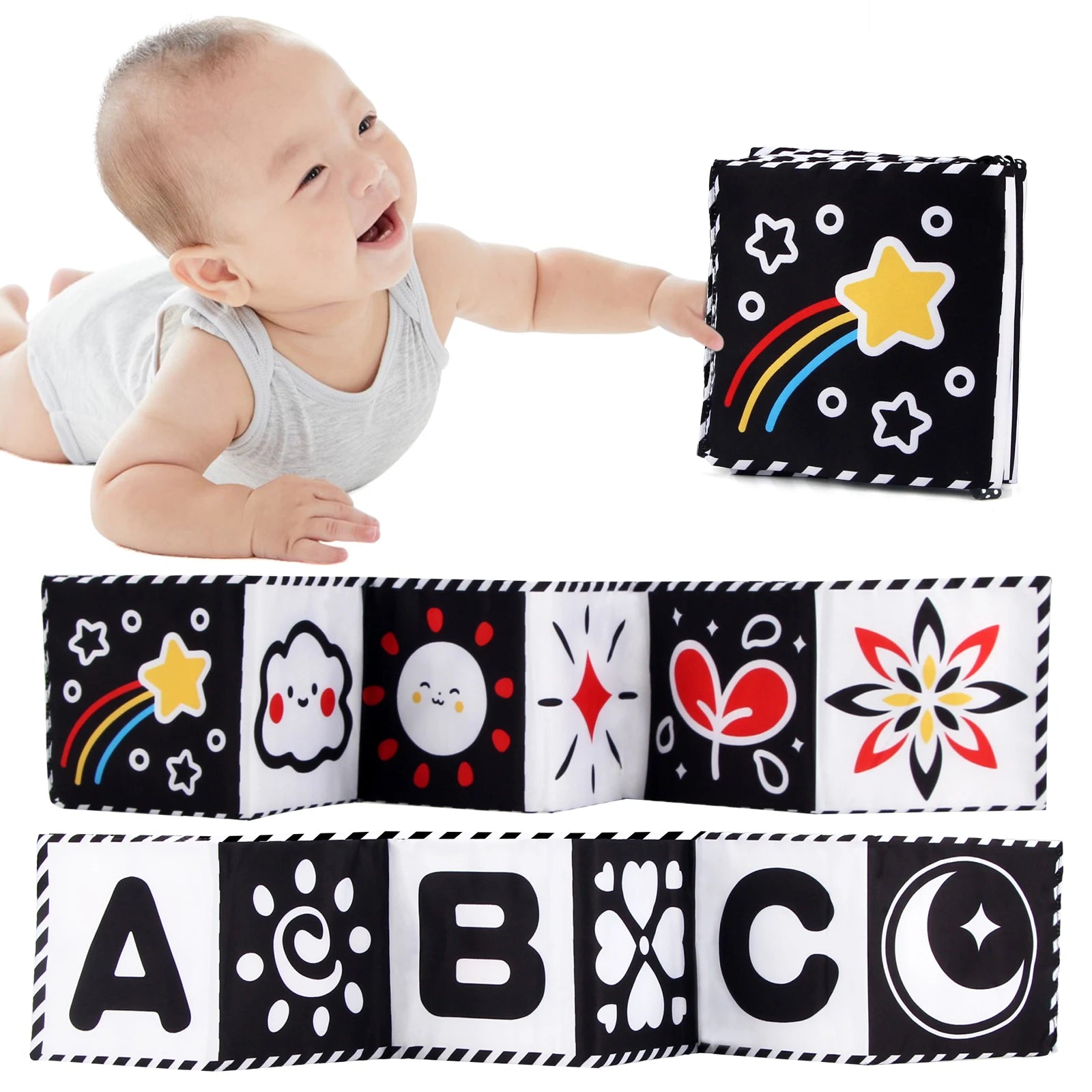 Baby Sensory Cloth Book – High Contrast Black & White Crib Toy for Newborns