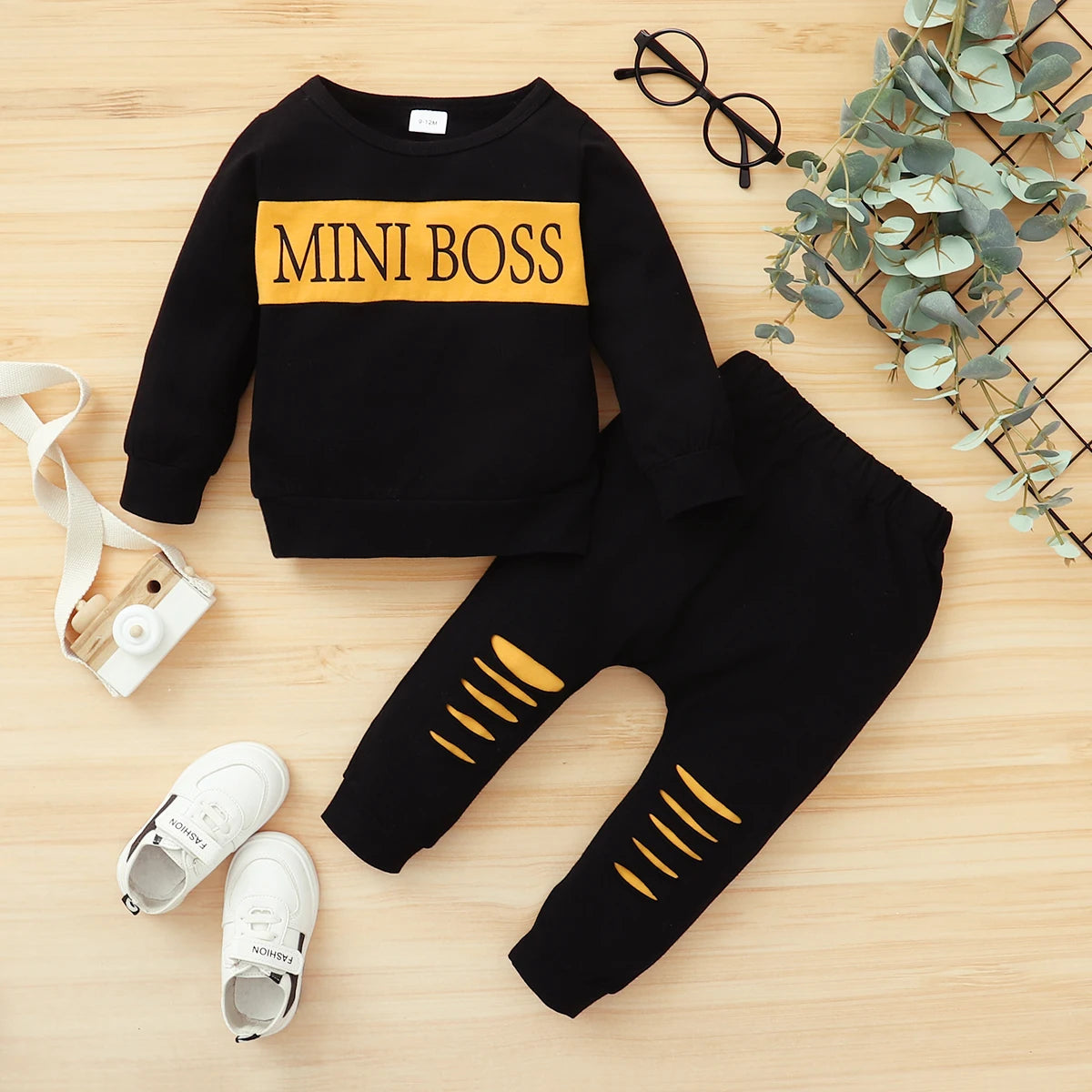 2PCS Baby Boy Letter Print Outfit – Long Sleeve Top & Pants Set for 0–2 Years