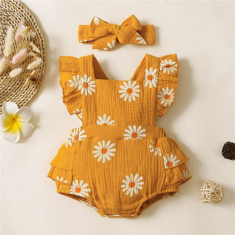 Baby Girl Summer Romper with Headband – Ruffle Sleeveless Bodysuit (0–1Y)