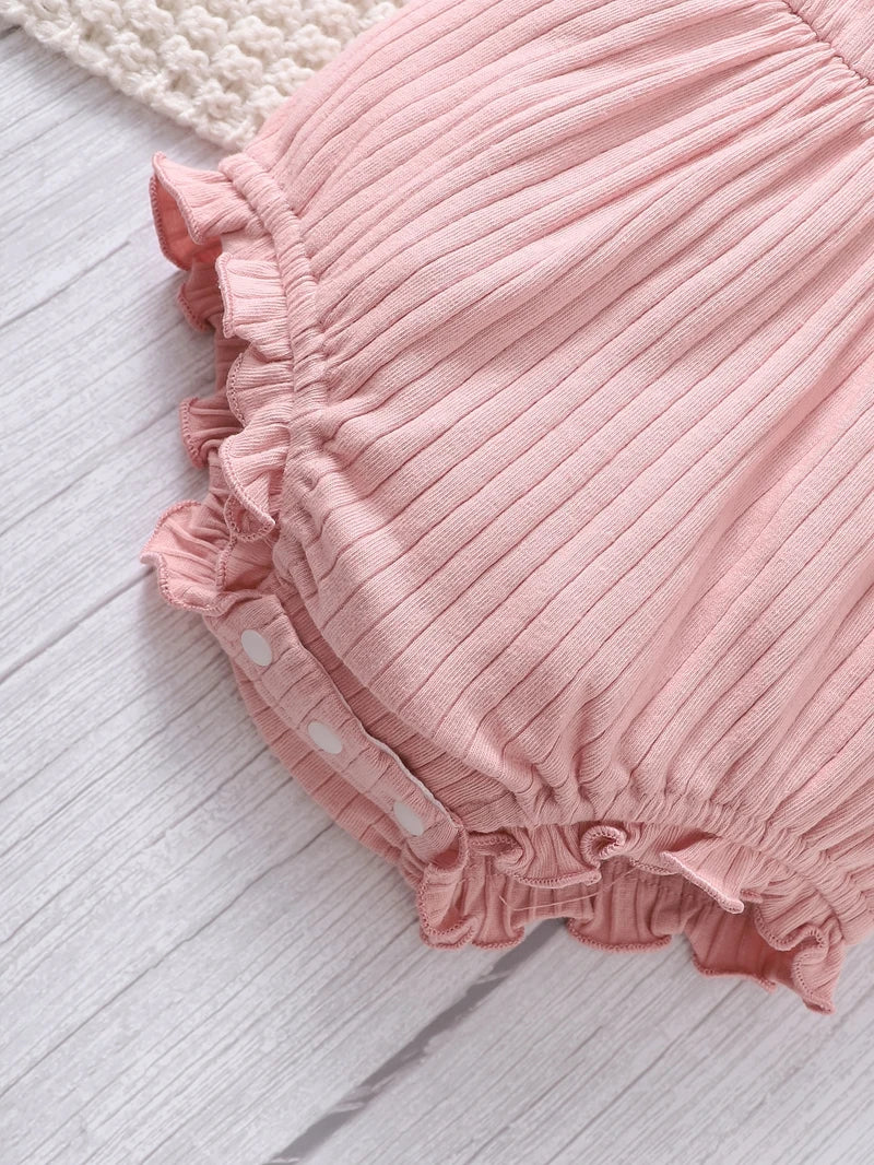 2PCS Pink Suspender Baby Girl Romper Set with Headband (0–9 Months)