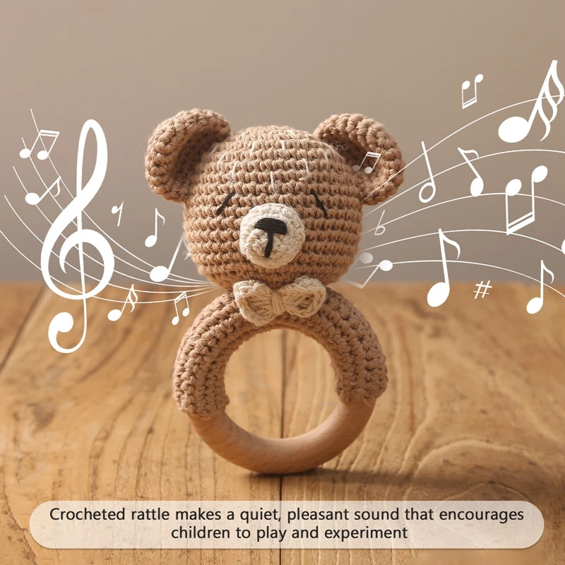 Baby Rattle – Crochet Animal Bear with Wooden Teether Ring | Soft Montessori Pram Toy for Newborns