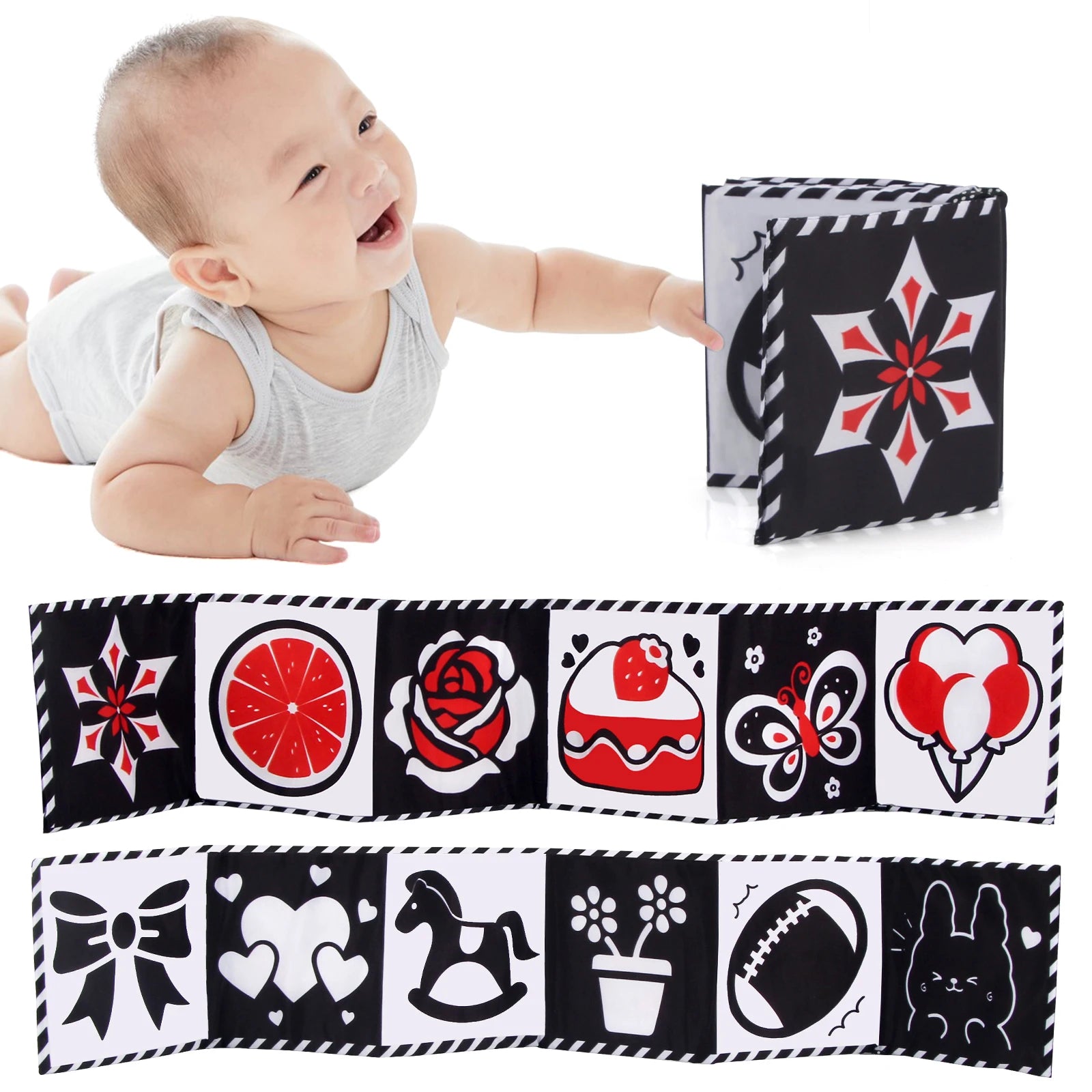 Baby Sensory Cloth Book – High Contrast Black & White Crib Toy for Newborns