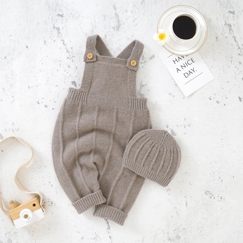 Knitted Baby Romper & Hat Set – Sleeveless Winter Jumpsuit for Boys & Girls