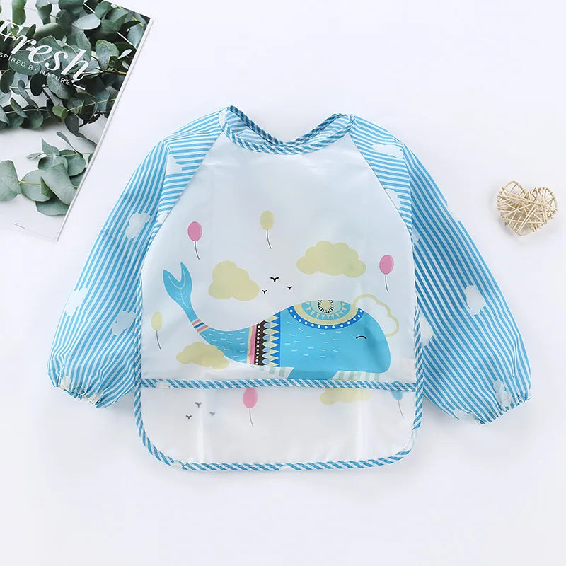 Waterproof Cartoon Baby Bib – Long Sleeve Feeding Apron with Pocket for 0–3Y
