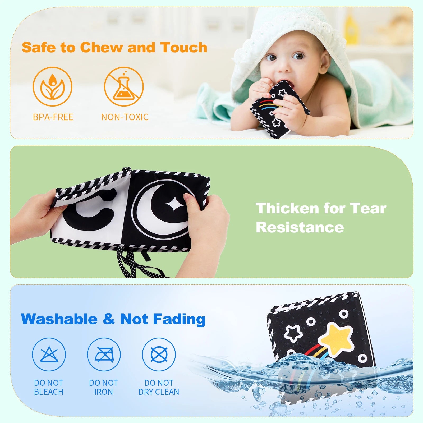 Baby Sensory Cloth Book – High Contrast Black & White Crib Toy for Newborns