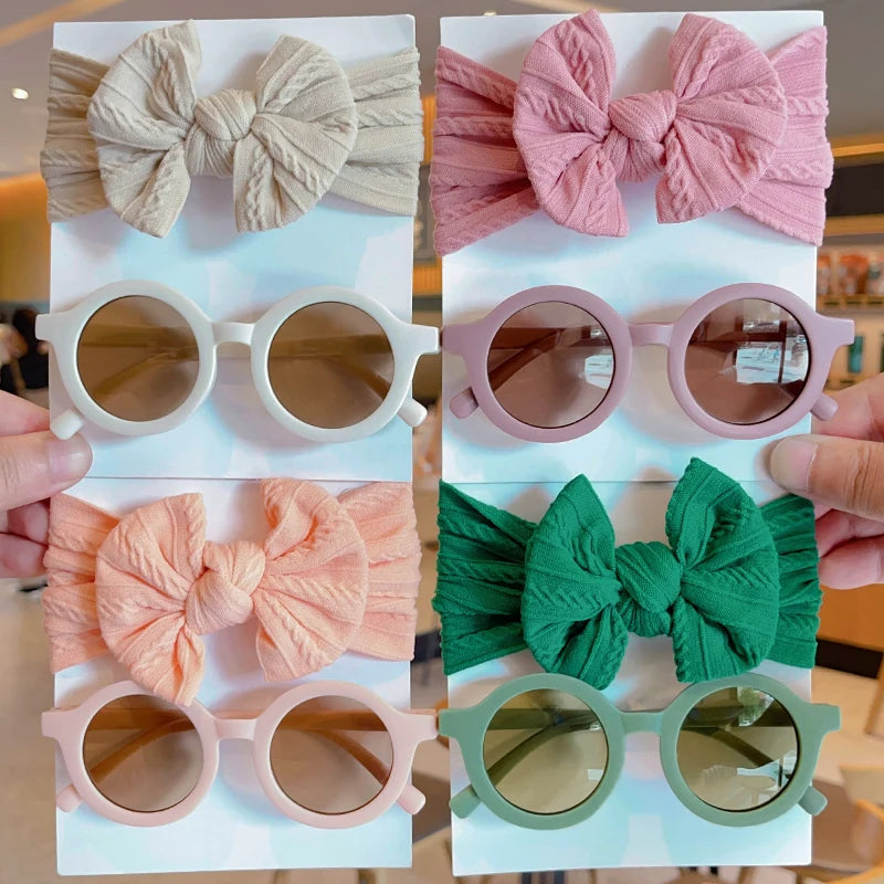 2-Piece Set: Baby Girl Round Sunglasses & Cotton Bowknot Hairband – Stylish Summer Accessory