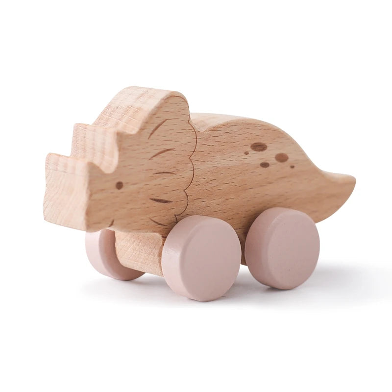 Wooden Dinosaur Car Teether – Montessori Educational Toy for Teething Babies