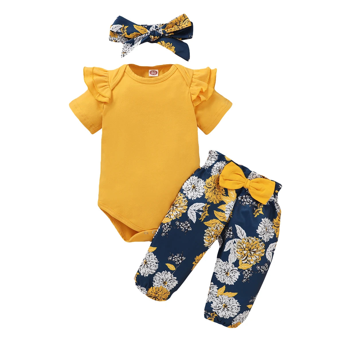3PCS Baby Girl Summer Outfit – Floral Pants, Bodysuit & Headband Set for 0–18 Months
