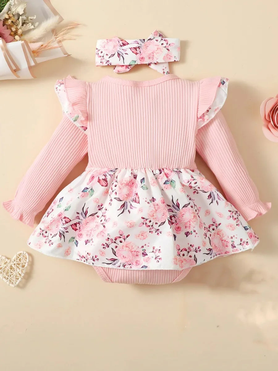 2PCS Baby Girl Ribbed Floral Romper Dress with Headband – 0–18 Months