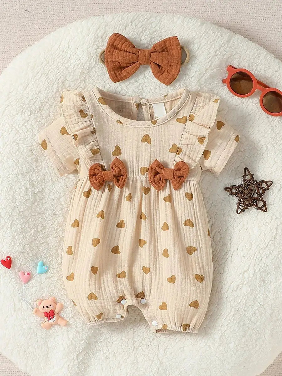 Summer Heart Print Jumpsuit with Bow & Headband – Baby Girl's Streetwear for 0–9M