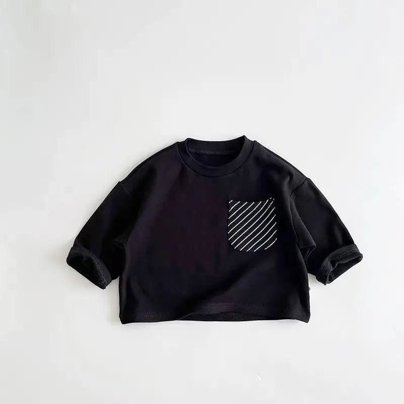 Child Long Sleeve T-Shirt – Korean Style Loose Fit Striped Crewneck for Boys & Girls