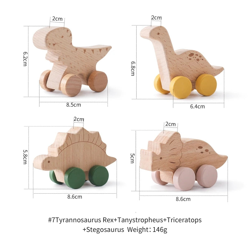 Wooden Dinosaur Car Teether – Montessori Educational Toy for Teething Babies