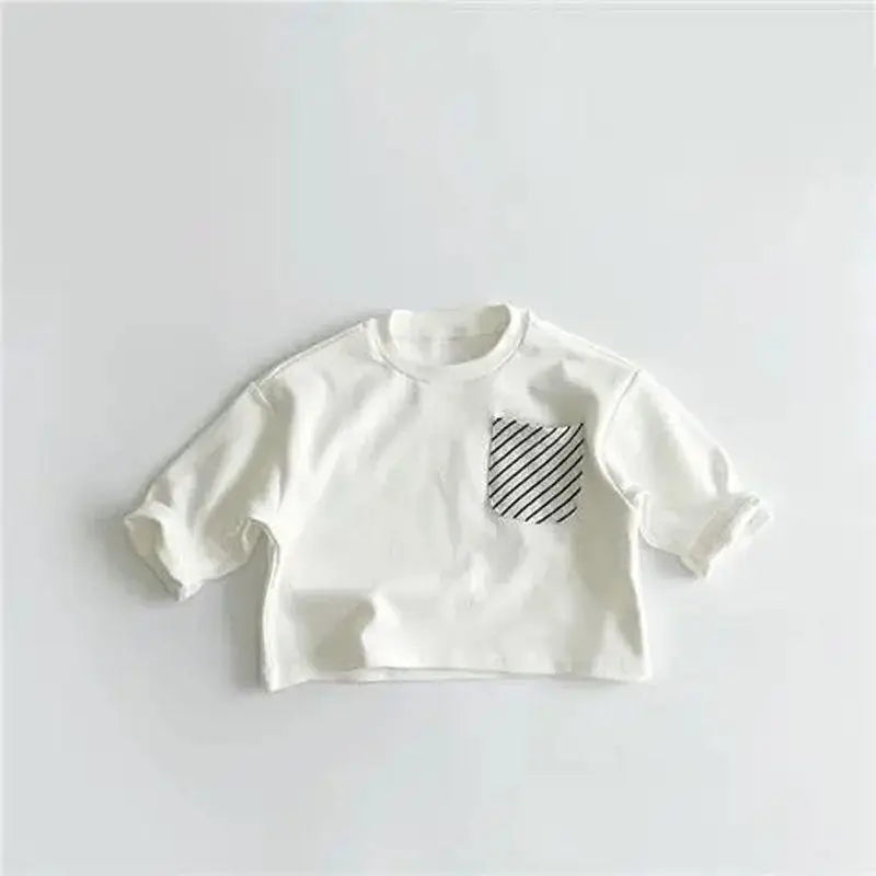 Child Long Sleeve T-Shirt – Korean Style Loose Fit Striped Crewneck for Boys & Girls