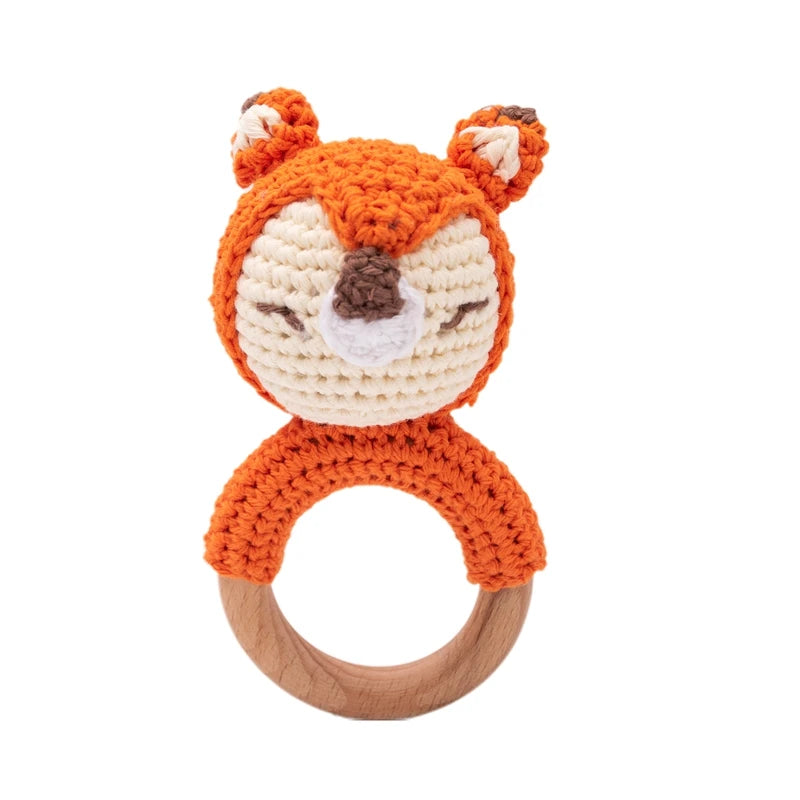 Baby Rattle – Crochet Animal Bear with Wooden Teether Ring | Soft Montessori Pram Toy for Newborns