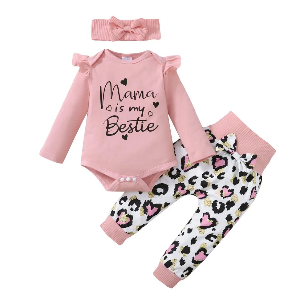 3PCS Mama Print Baby Girl Outfit – Long Sleeve Romper, Heart Pants & Headband Set