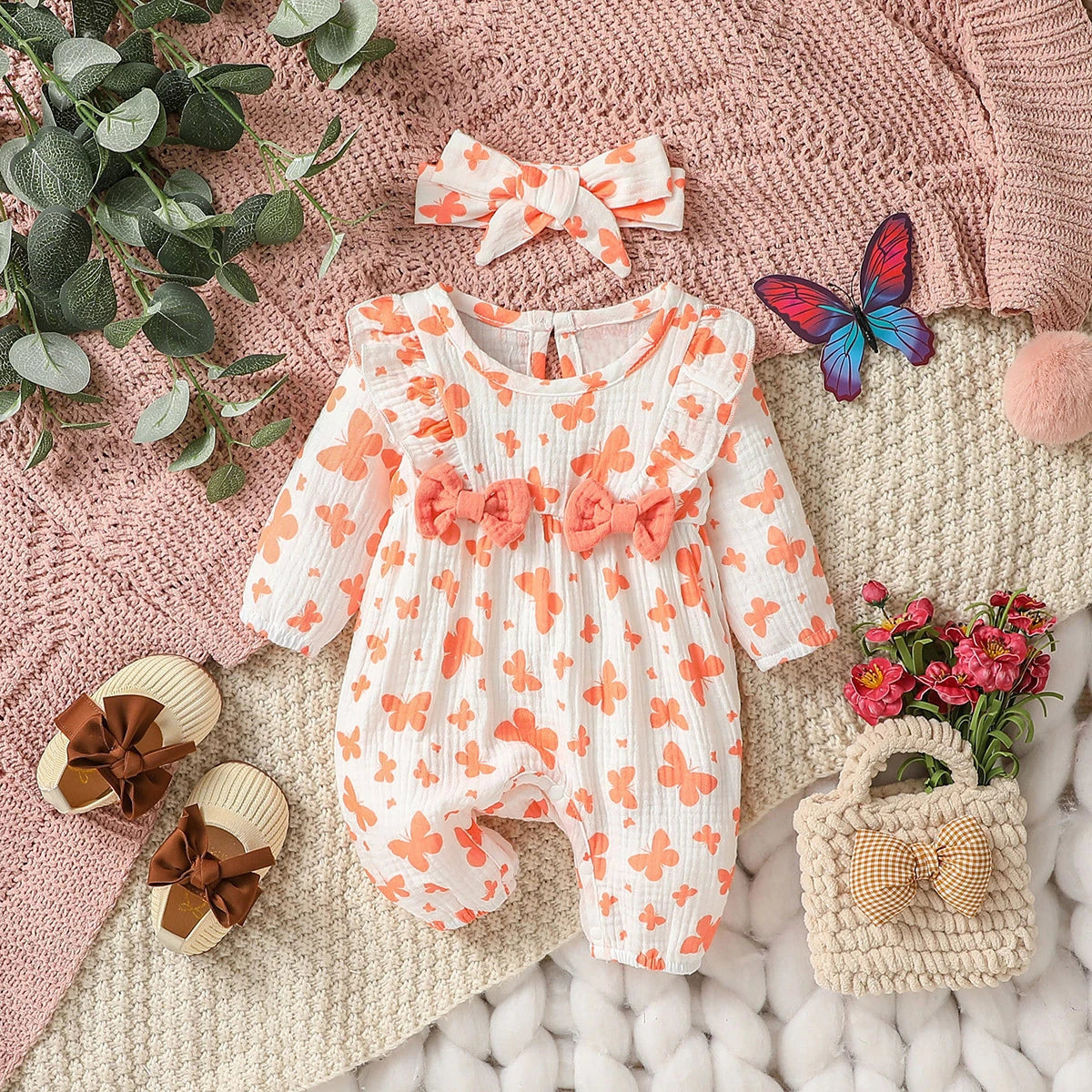 Floral Cotton Baby Jumpsuit with Bow and Headband – Long Sleeve All-Season Outfit for Girls