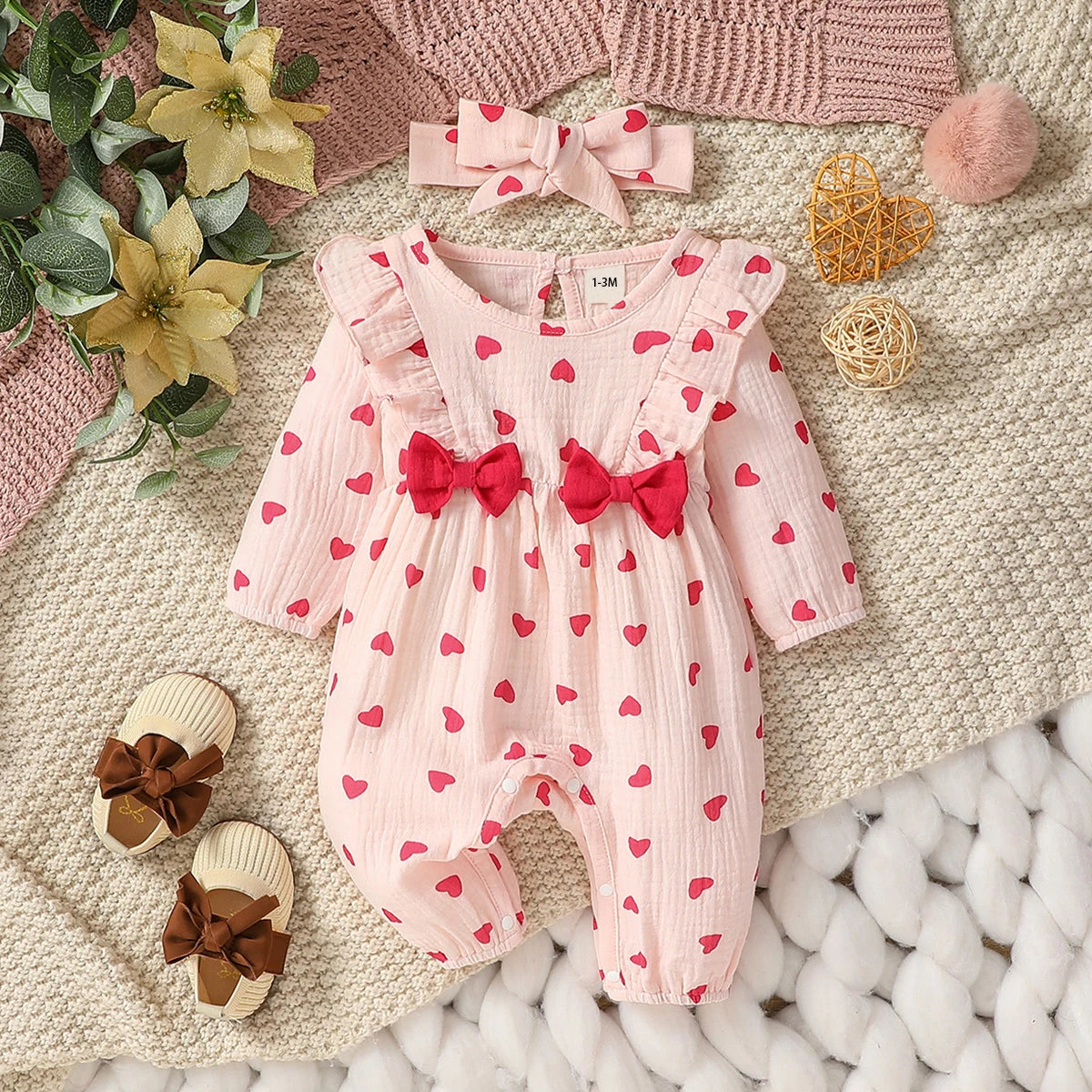 Floral Cotton Baby Jumpsuit with Bow and Headband – Long Sleeve All-Season Outfit for Girls
