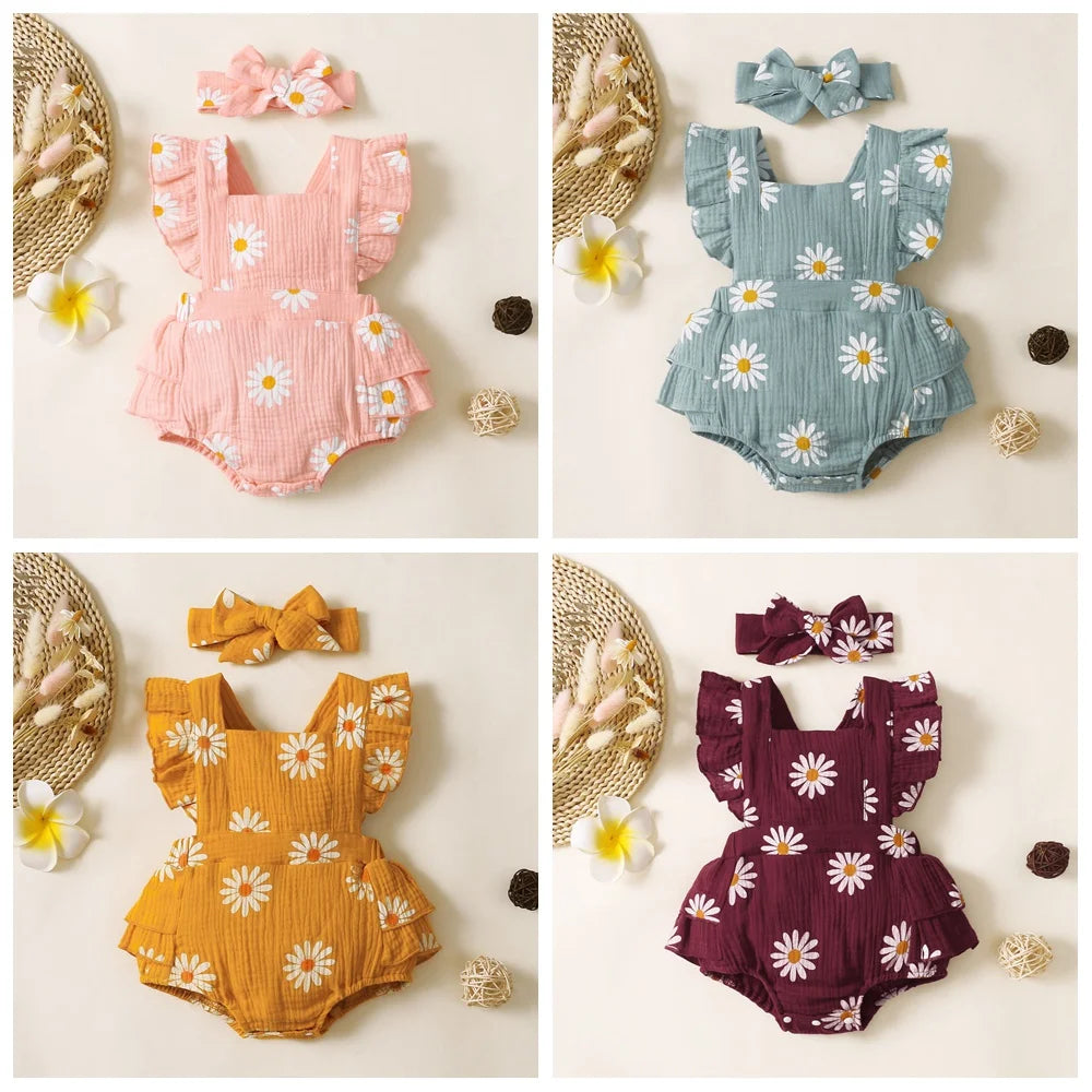 Baby Girl Summer Romper with Headband – Ruffle Sleeveless Bodysuit (0–1Y)