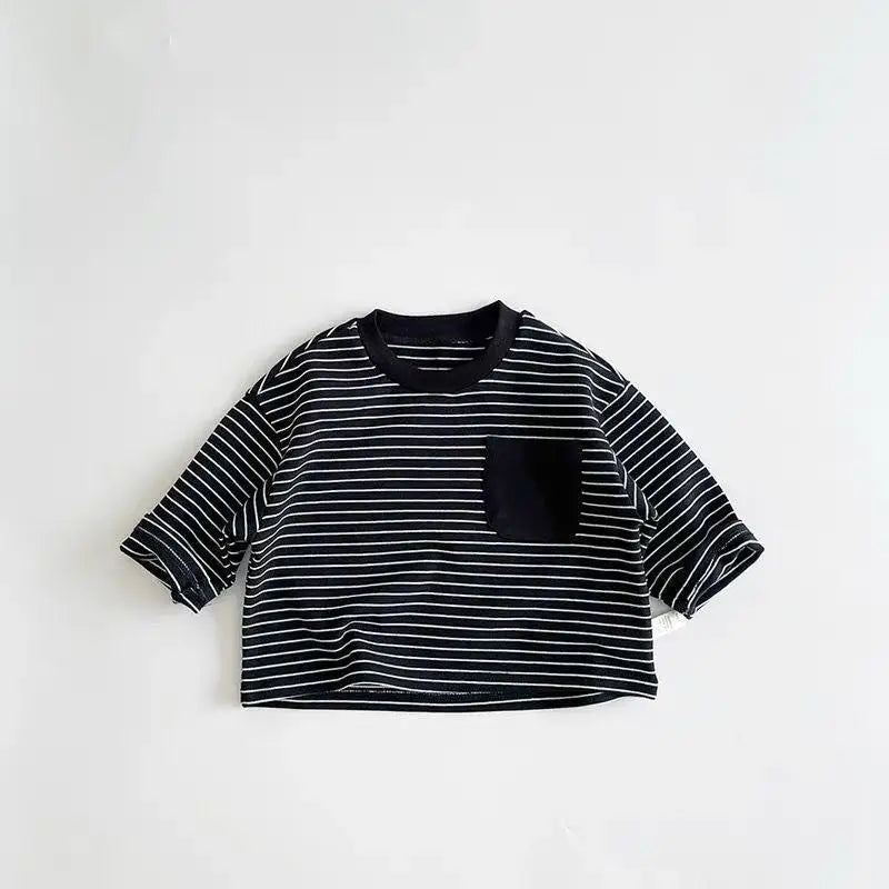 Child Long Sleeve T-Shirt – Korean Style Loose Fit Striped Crewneck for Boys & Girls