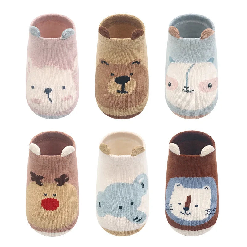 6 Pairs Cartoon Animal Baby Socks – Non-Slip Breathable Cotton Floor Socks for Boys & Girls 0–6Y