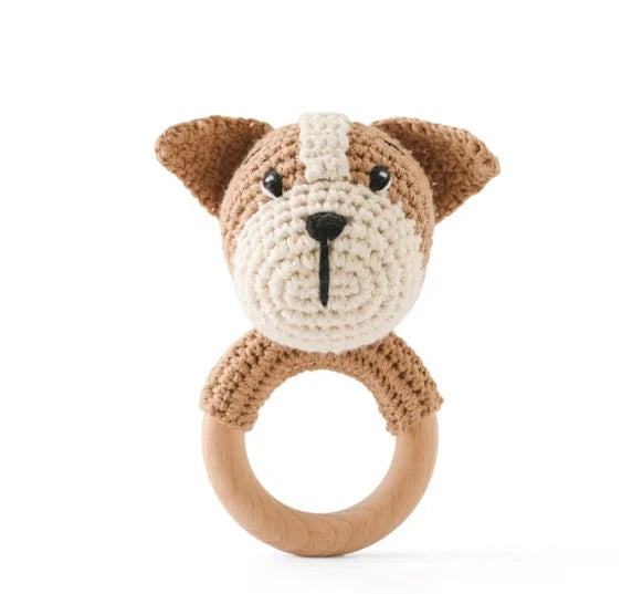 Baby Rattle – Crochet Animal Bear with Wooden Teether Ring | Soft Montessori Pram Toy for Newborns