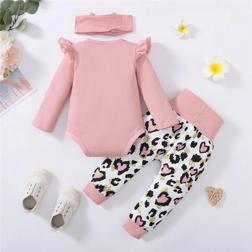 3PCS Mama Print Baby Girl Outfit – Long Sleeve Romper, Heart Pants & Headband Set