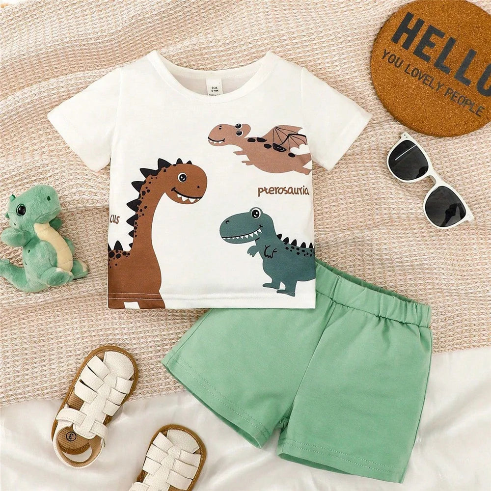 2PCS Baby Boy Dinosaur Summer Outfit with Short Sleeve Top and Shorts 0–3 Years